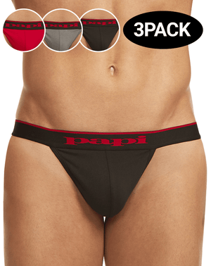 Papi 980902-950 3pk Cotton Stretch Thong Red-gray-black